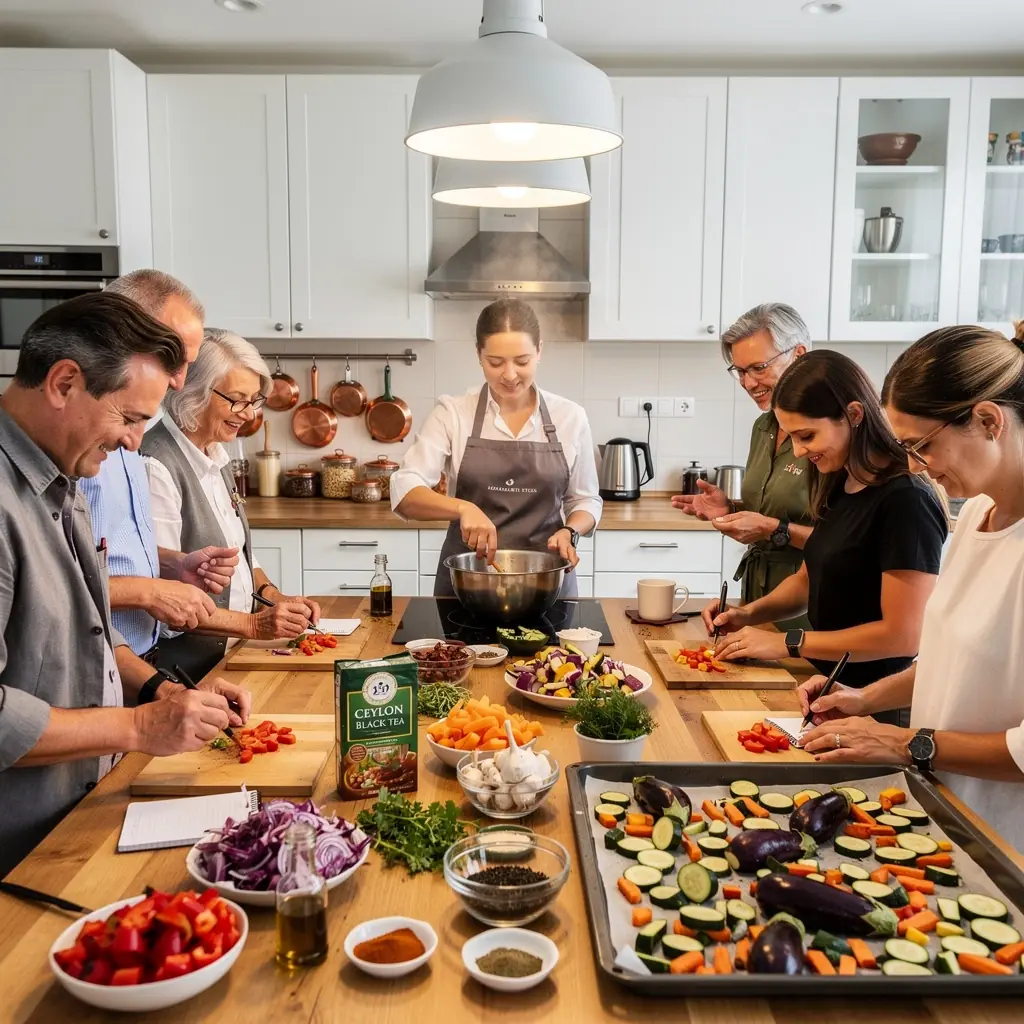 Szép színű Ceylon fekete tea a csészében, háttérben citrusfélék